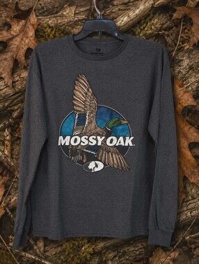 Mossy Oak Duck Graphic Long Sleeve Shirt Men’s Medium Gray Hunting 95/5 Stretch